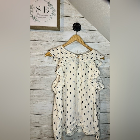 Ann Taylor Loft white ruffle sleeve business tank with blue accents and button - Picture 2 of 7